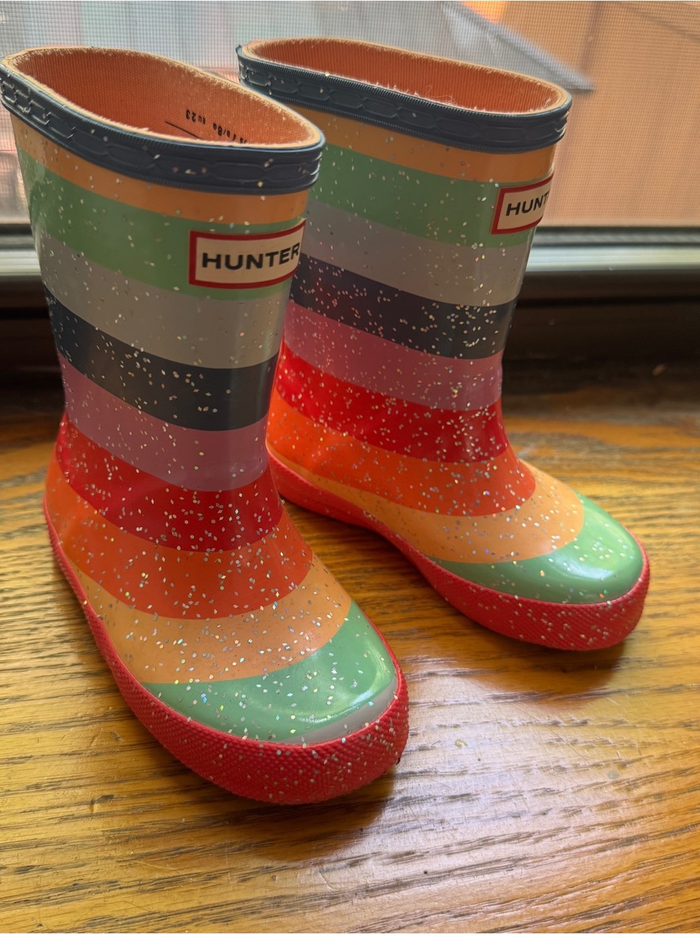 Hunter Kids Rainbow Stripe Glitter Rain Boots - Green, Red, Orange, Pink, Blue